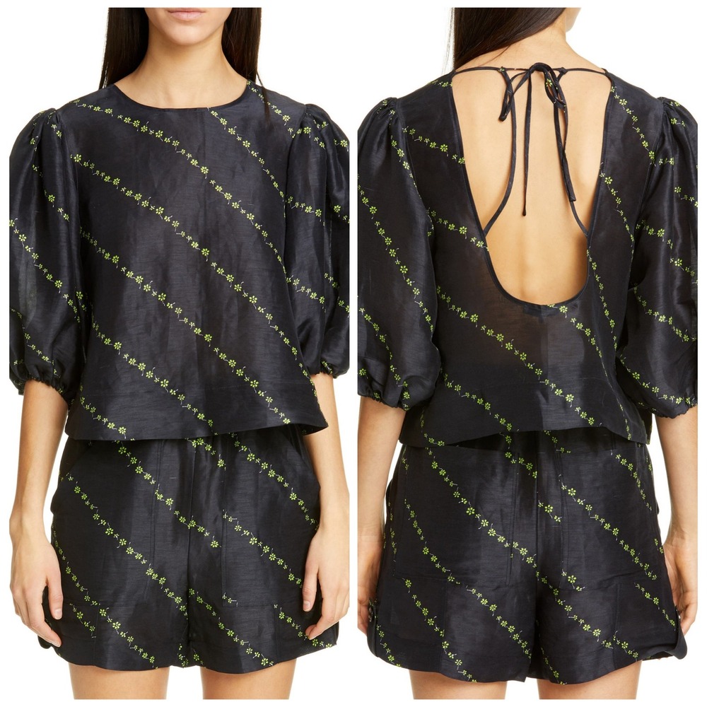 Ganni Shorts Top Set EU 38 US 6 Black Linen Silk Floral Puff Sleeve Open Back